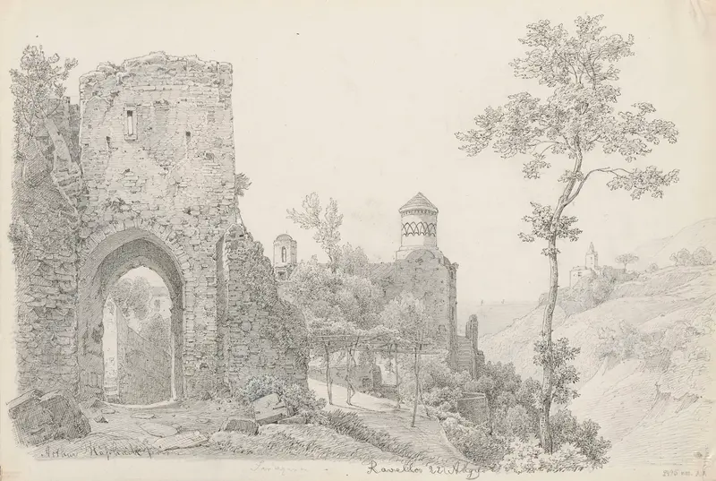 View of Villa Rufolo in Ravello, oil on canvas by Arthur Blaschnik, showcasing lush greenery and a sunlit villa.
