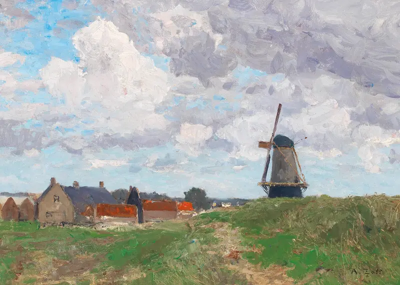 A windmill against a cobalt sky, oil painting by Alfred Zoff