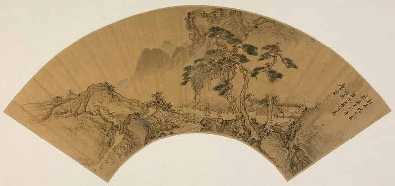 Genre scene with figures among trees and blossoms, gold medium by Tang Yin
