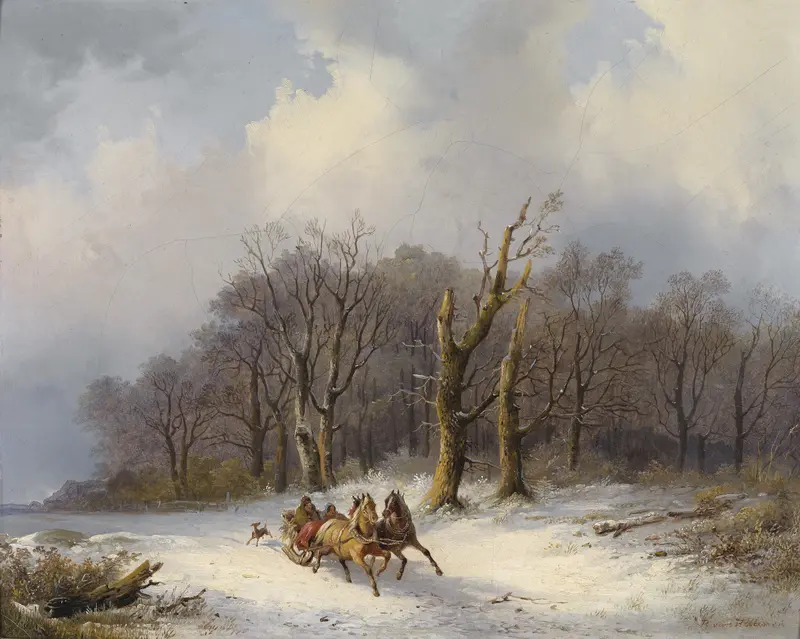 Winter landscape with a horse-drawn sled, oil painting by Remigius Adrianus van Haanen