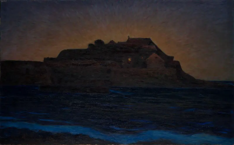 The Fortress at Varberg by Karl Nordström, oil on canvas depicting rugged stone walls and sunlight.