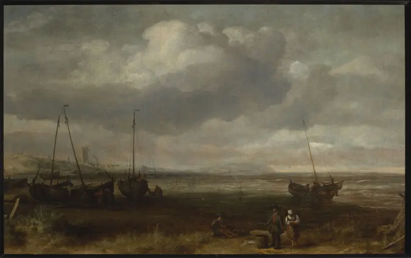 Seaside in Scheveningen with fishing boats by Simon de Vlieger, oil painting