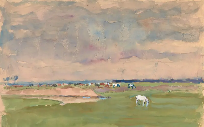 Realism landscape featuring a horse and cows in a pasture by Ivan Ivanec