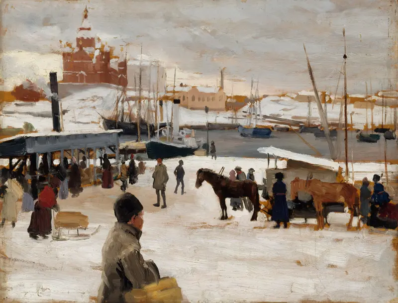 A winter scene in Helsinki Market Square by Albert Edelfelt.