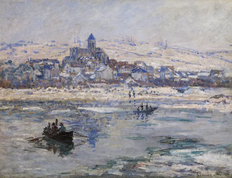 A dark rowboat with figures crosses the icy Seine, with snow-covered riverbanks, village rooftops, and the Notre-Dame church tower in the background.
