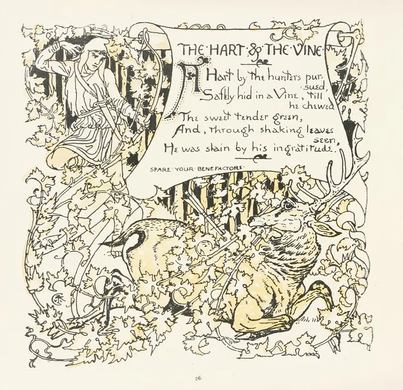 A painting depicting a hart entwined with vines, showcasing Victorian artistic themes.