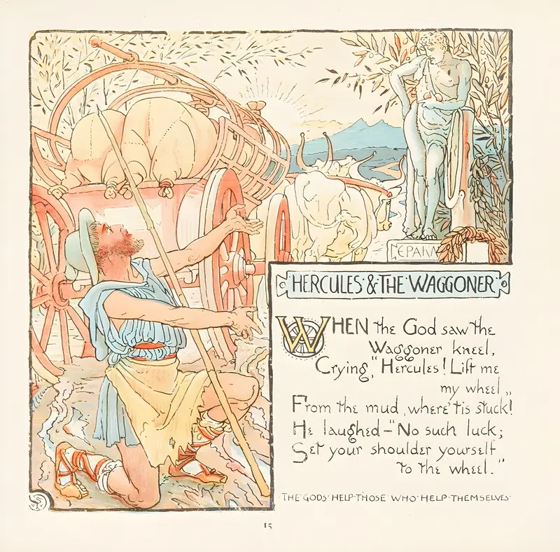 Walter Crane's painting 'Hercules and the Waggoner' depicts a mythological scene with vibrant colors.
