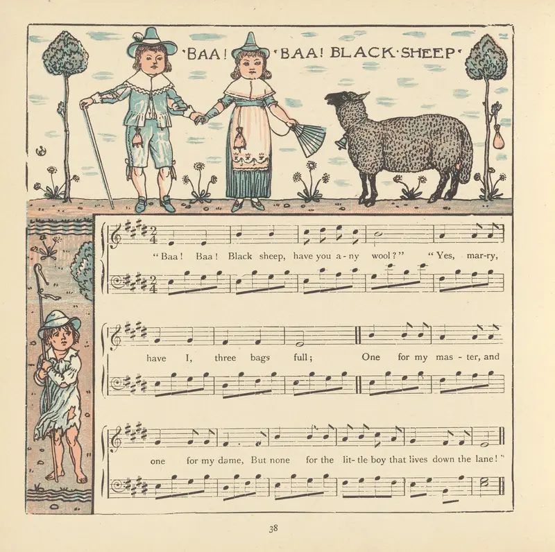 A charming illustration depicting a black sheep with a whimsical background.