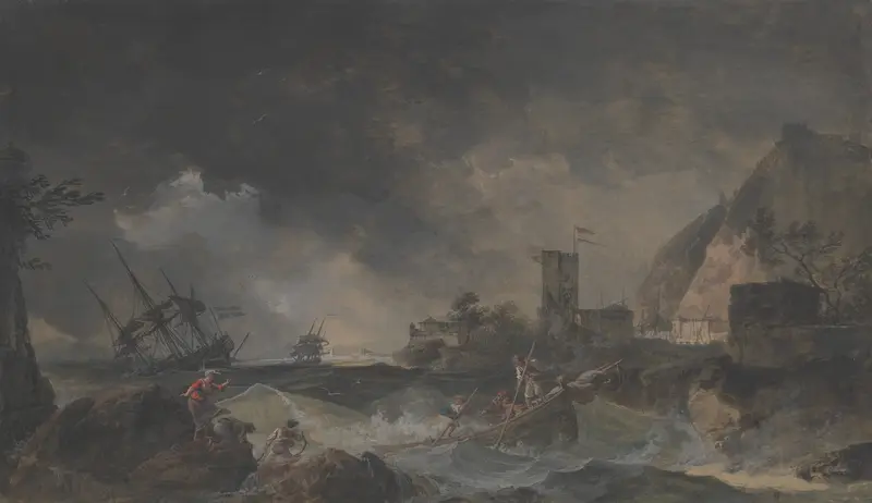 Oil painting by Claude-Joseph Vernet depicting a stormy sea with dark clouds.