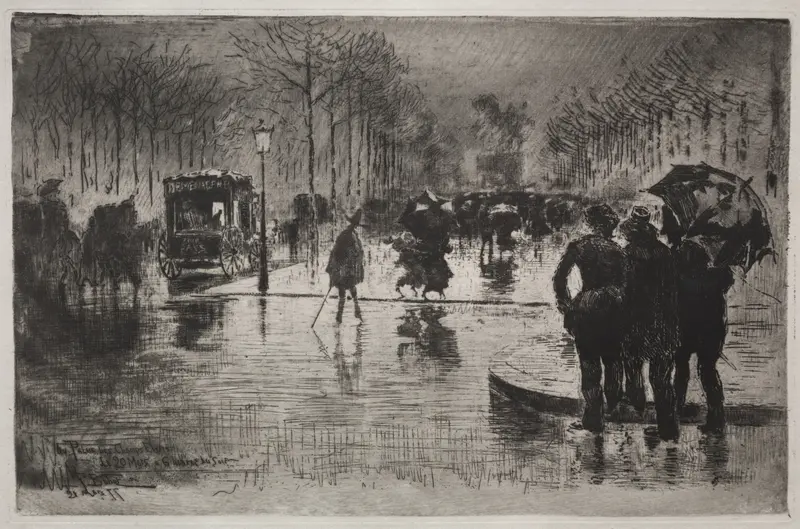 Figurative scene depicting artists in dark garments by Félix Hilaire Buhot, 1877
