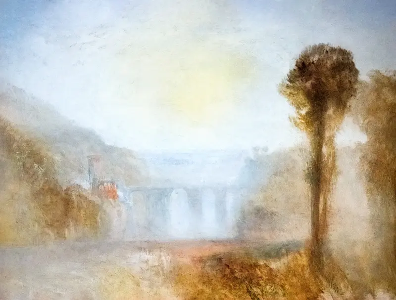 A painting of the Ponte delle Torri bridge in Spoleto, Italy, capturing its majestic arches and the surrounding landscape.