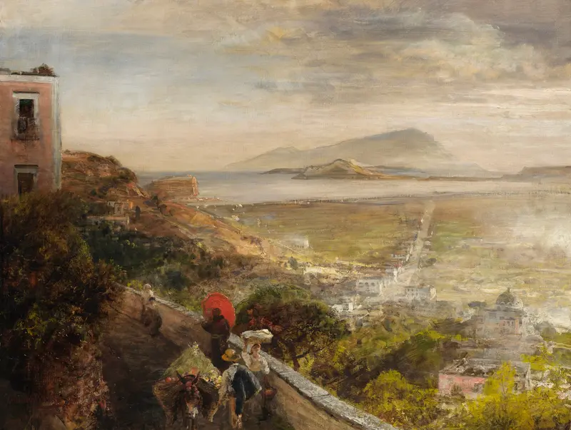 Landscape of the Bay of Naples at sunset, oil painting by Oswald Achenbach