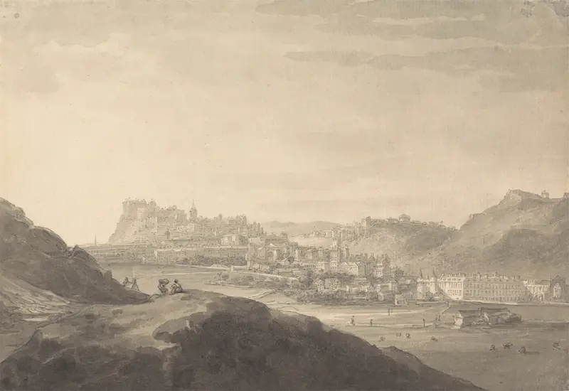 Landscape of Edinburgh by Thomas Hearne, 1778, depicting hills and city in oil painting.