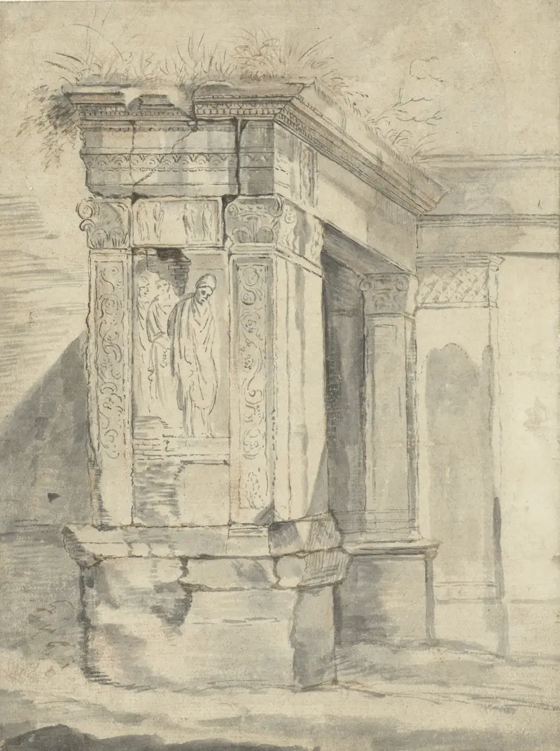 Oil painting of crumbling ruins by Franz de Paula Ferg