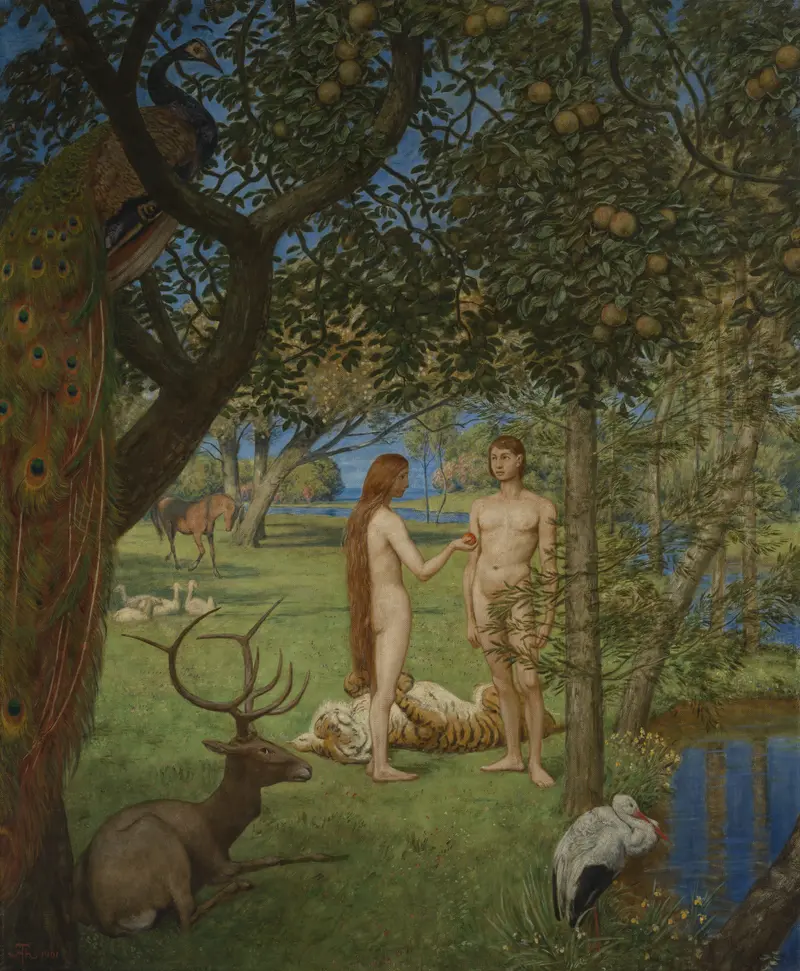 Das Paradies by Hans Thoma depicts a mystical scene filled with vibrant colors and serene figures.