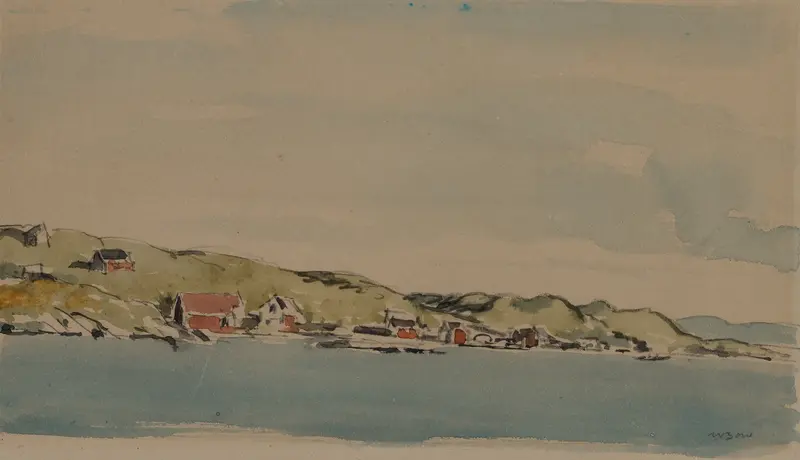Entering Bergen by Muirhead Bone, etching depicting a fjord landscape with mountains and light.
