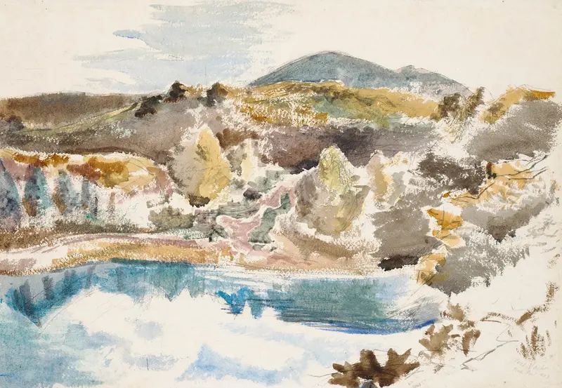 The Blue Pool by Paul Nash, oil on canvas, depicting tranquil water and dark trees.