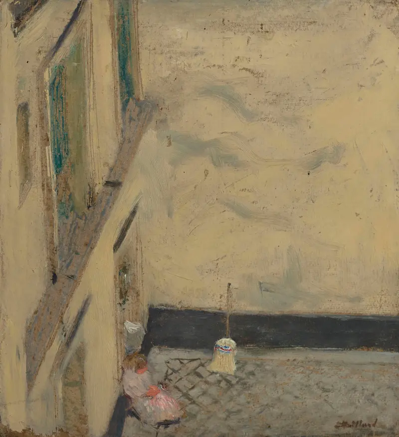 Oil painting by Édouard Vuillard depicting a woman sweeping in a courtyard