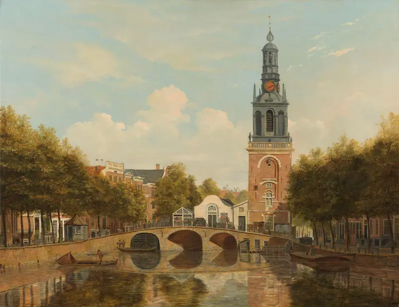 Oil painting of The Torensluis and Jan Roodenpoortstoren in Amsterdam by Hendrik Gerrit ten Cate