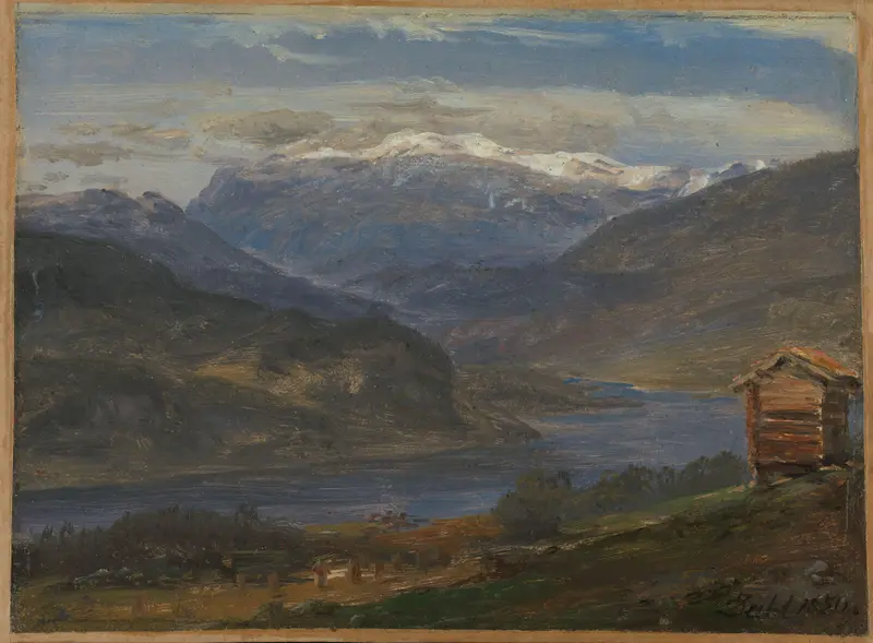 View of Hjelle in Valdres by Johan Christian Dahl, oil on canvas depicting a tranquil lake and rolling hills