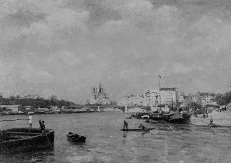 A broad stretch of the Seine with a large anchored barge, two figures on its edge, a small rowboat nearby, and people along the riverbank under a cloudy sky.