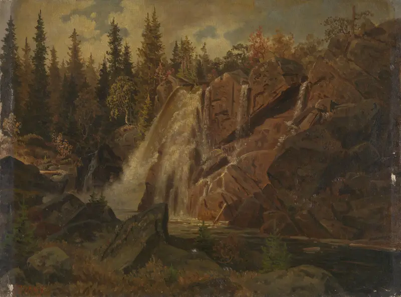 Norwegian Landscape by Johan Fredrik Eckersberg, oil on canvas depicting a brook and mountains