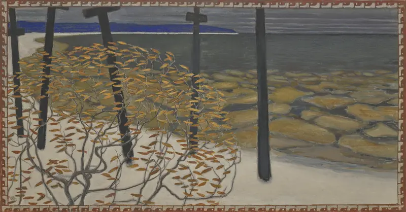 A stark landscape featuring five black crosses against a shore with stones and water, framed by curling branches and ochre leaves.