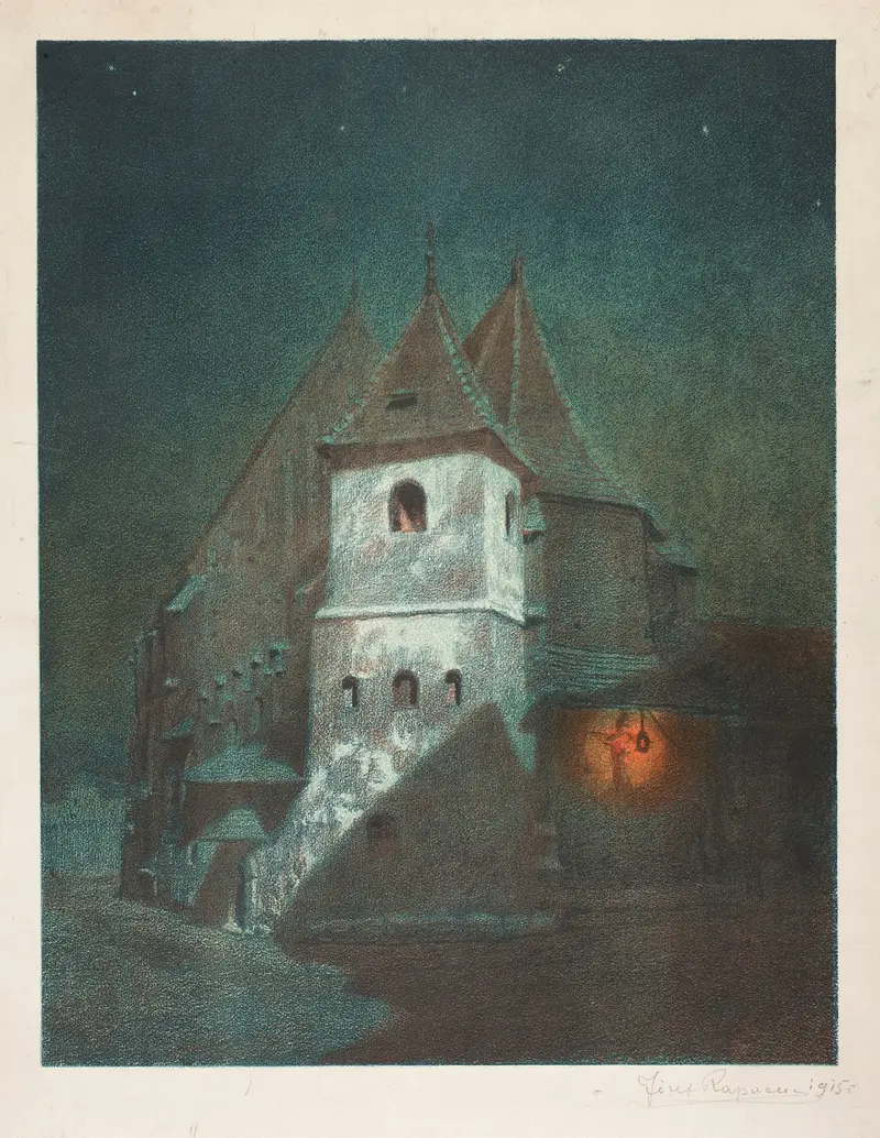 St. Marc’s Church in Krakow by Józef Rapacki, oil painting depicting a church against a foggy sky