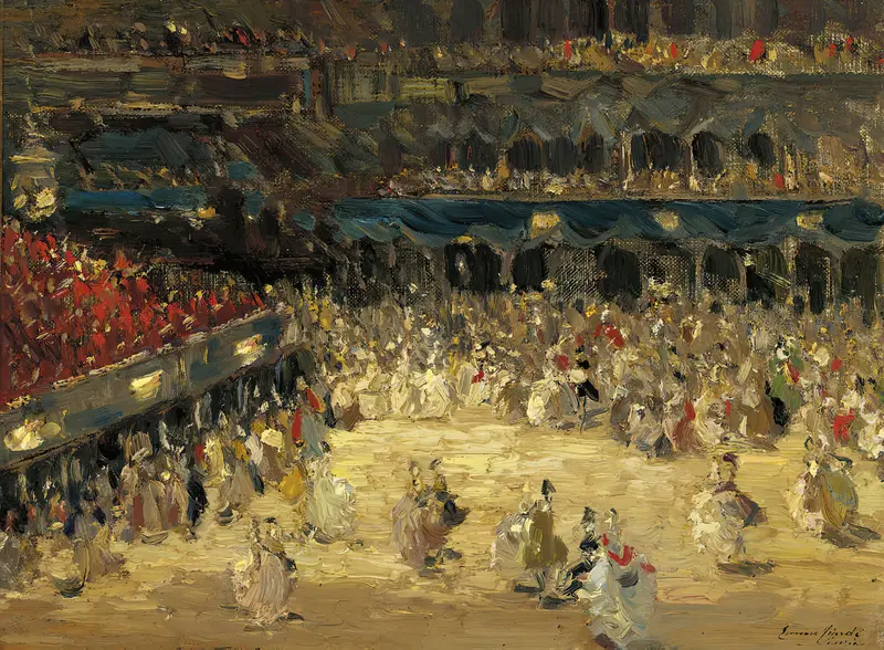 The Masked Ball by Emma Ciardi, oil on canvas depicting a vibrant crowd in Venice.