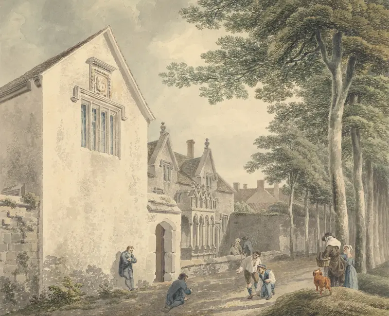 Almshouses in St. Cuthbert’s Churchyard, watercolor on paper by Michael Angelo Rooker