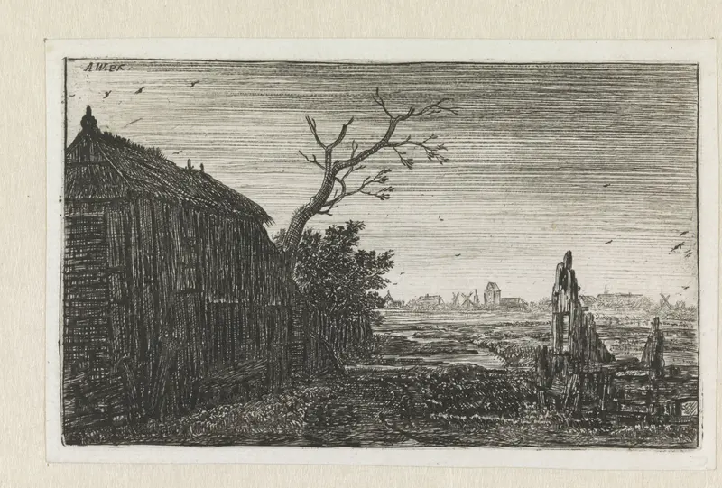 Etching by Jan Ruyscher depicting a sluice gate and river
