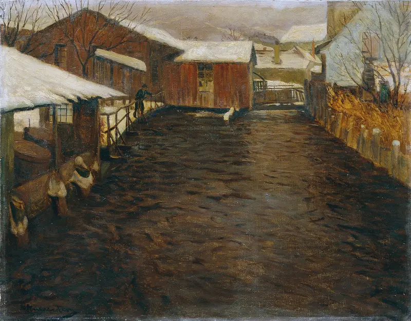 Winter by Eduard Ameseder, oil on canvas depicting a tranquil snowy landscape.