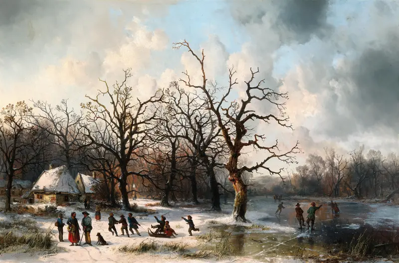 Genre scene of children playing in snow, oil on canvas by Josef Carl Berthold Püttner