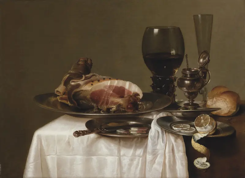 Still life with ham and tableware, oil on panel by Willem Claesz Heda