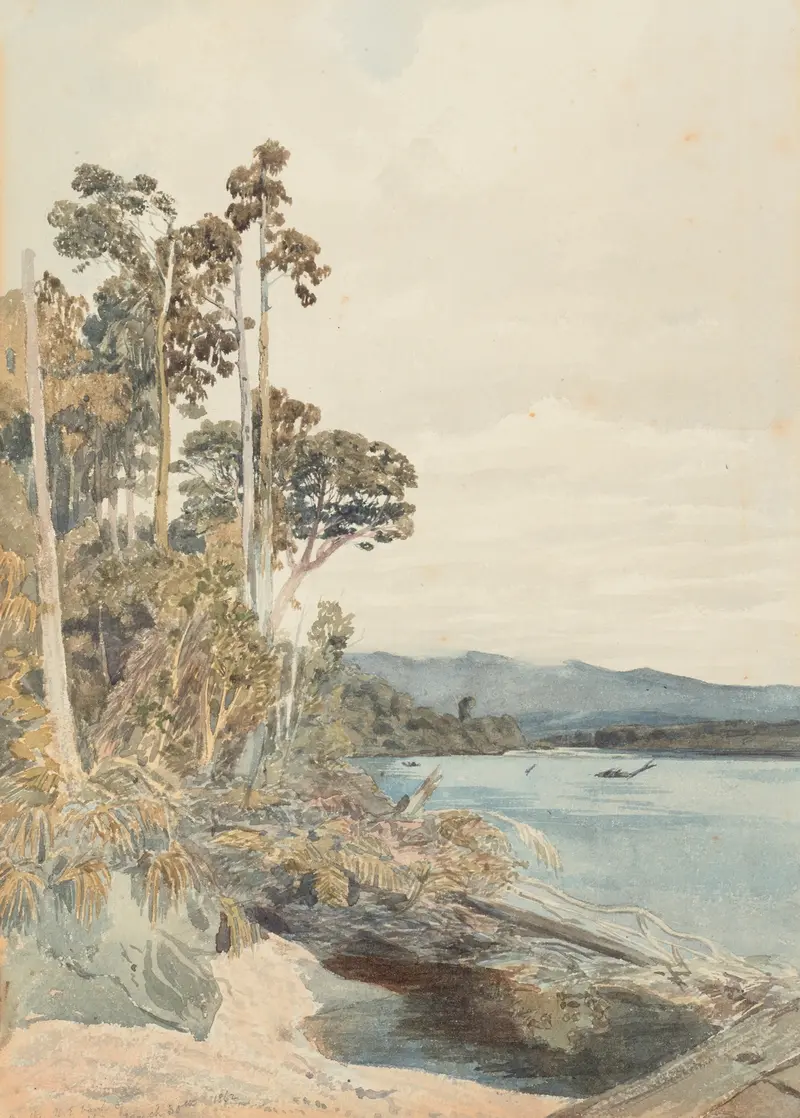 On the North East bank of the Buller, oil painting by James Crowe Richmond, depicting a misty river and forest.
