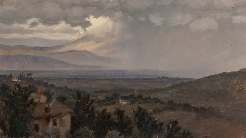 Romanticism landscape by Elihu Vedder, depicting twilight hills and golden light.