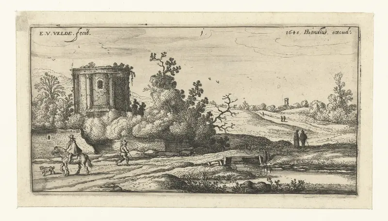 Landschap met ruïne van een romeinse tempel, etching by Esaias van de Velde