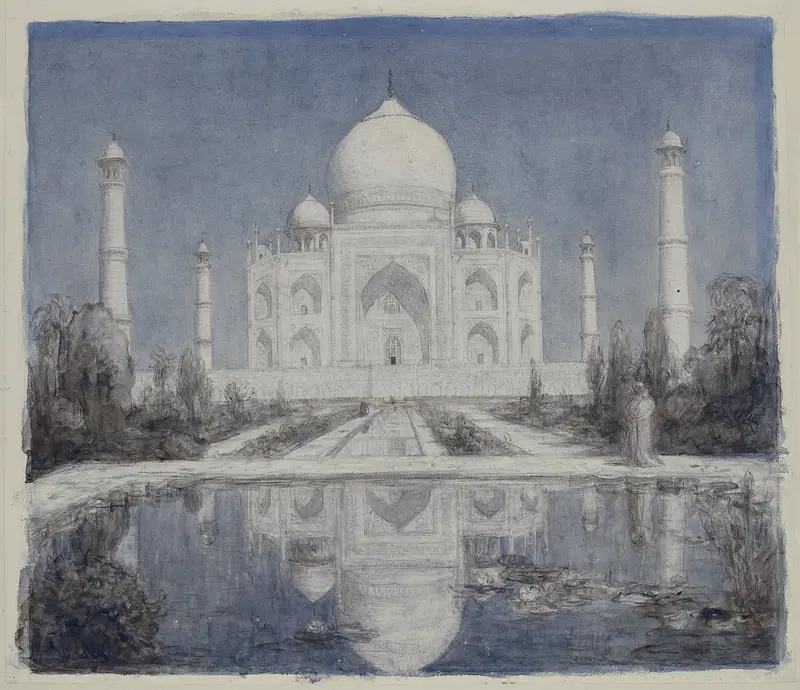 Taj Mahal bij maanlicht, watercolor on paper by Marius Bauer, featuring the mausoleum under moonlight.