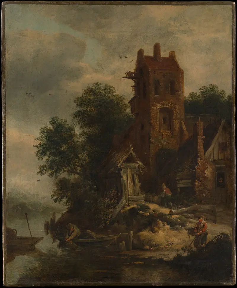 The Pigeon House by Roelof Jansz. van Vries, oil on canvas depicting a rural house surrounded by nature.