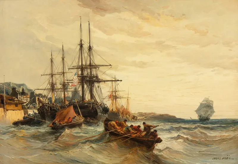 Marine scene with boats in port, oil painting by Jules-Achille Noël
