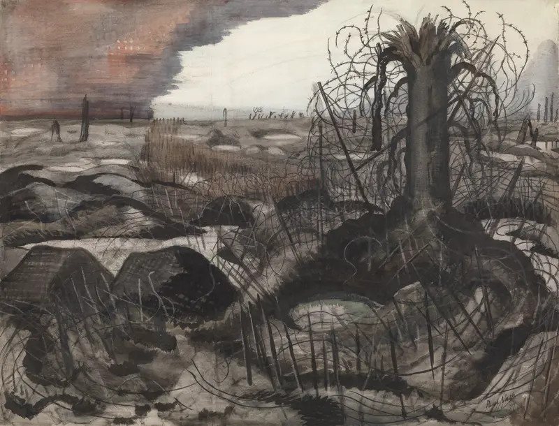 Abstract composition of barbed wire by Paul Nash, 1918, highlighting themes of conflict and loss.