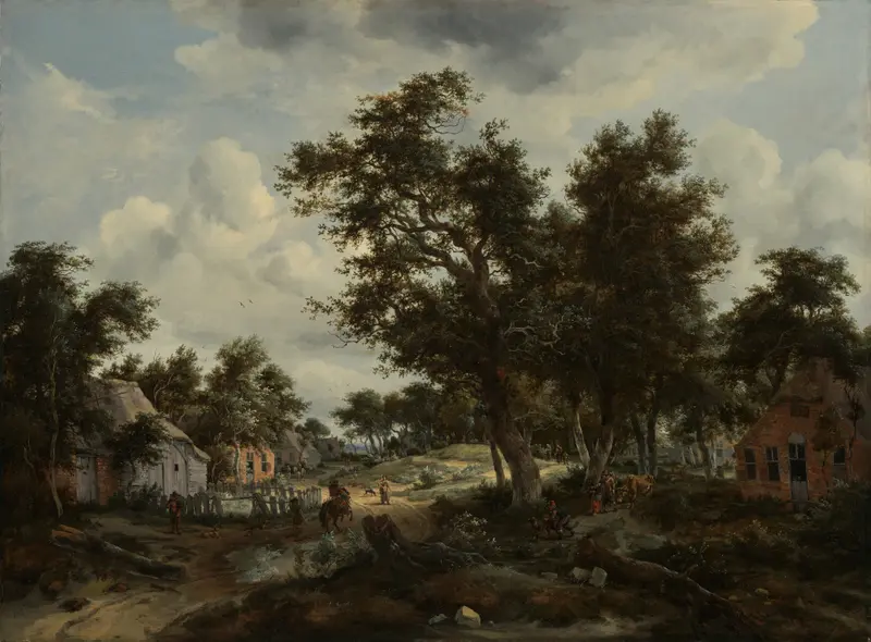 A wooded landscape with travelers on a path, oil on canvas by Meindert Hobbema