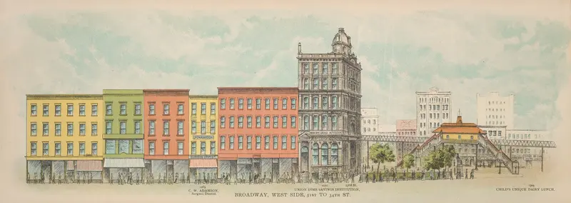 Genre scene depicting a bustling crowd on Broadway, West Side. 31st to 34th St. by Mail & Express.