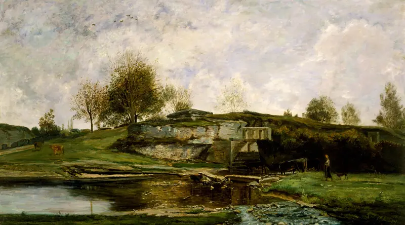 Sluice in the Optevoz Valley by Charles François Daubigny, oil painting depicting a serene river landscape.