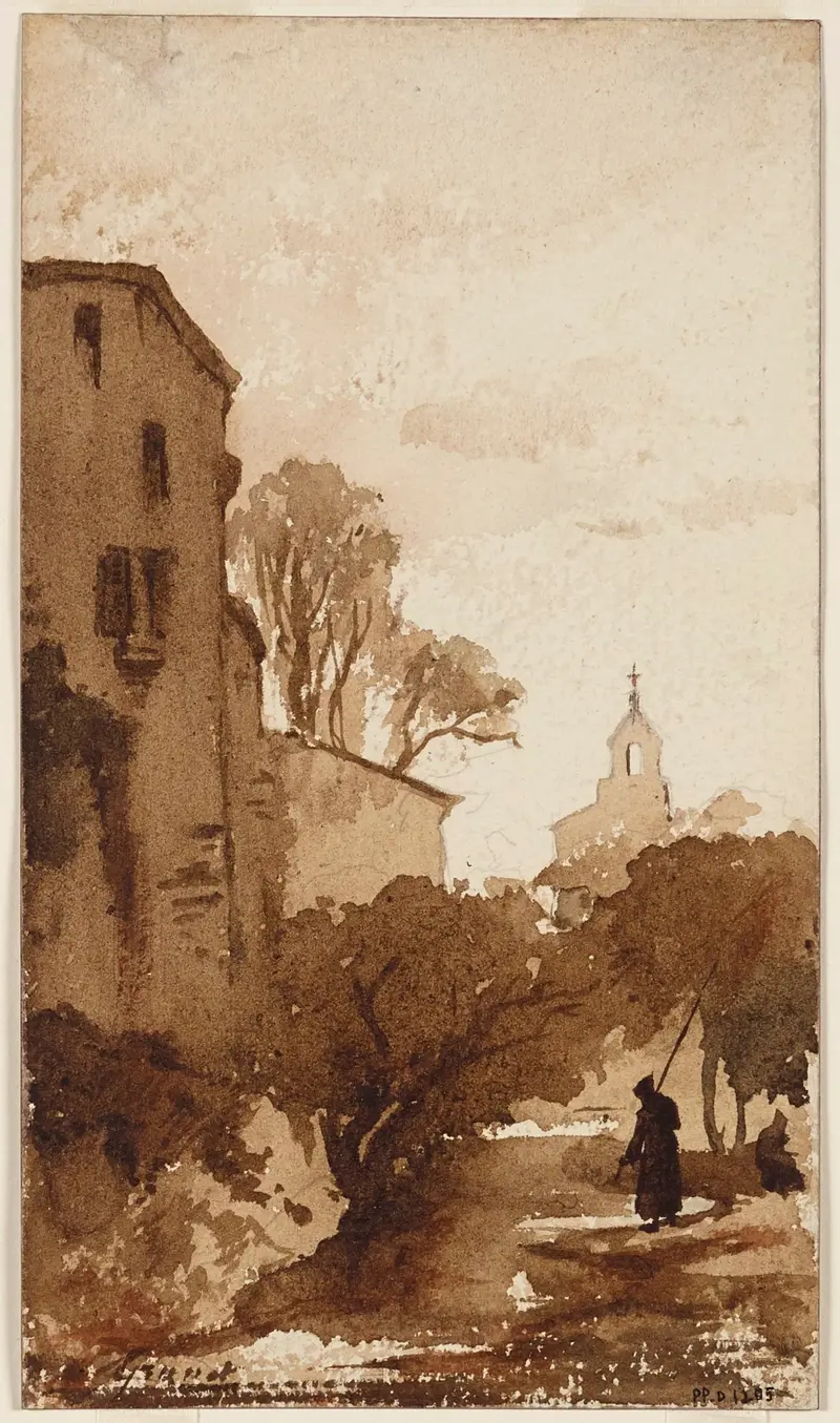 Landscape with a steeple, oil on canvas by François-Marius Granet