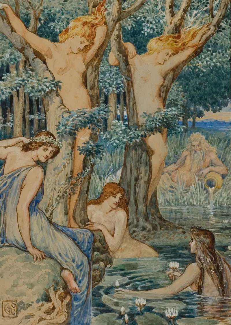 A painting depicting mythological figures in a lush setting.