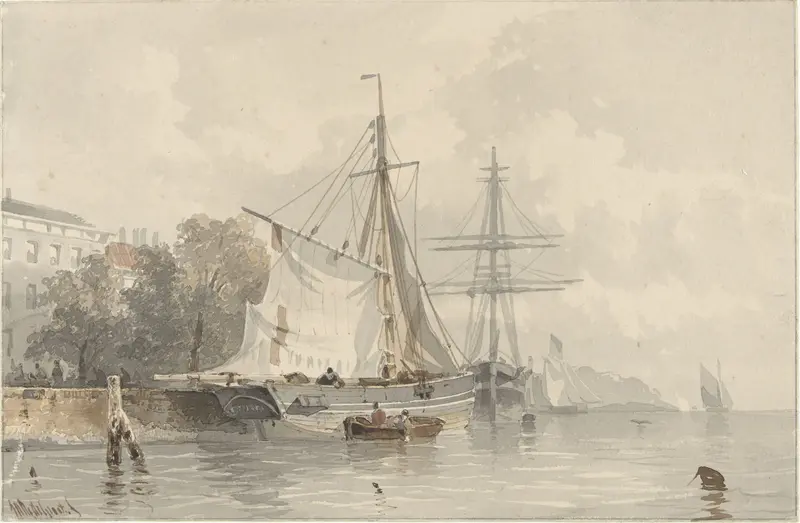 Marine scene with sailing ships at dock, oil painting by Frans Arnold Breuhaus de Groot