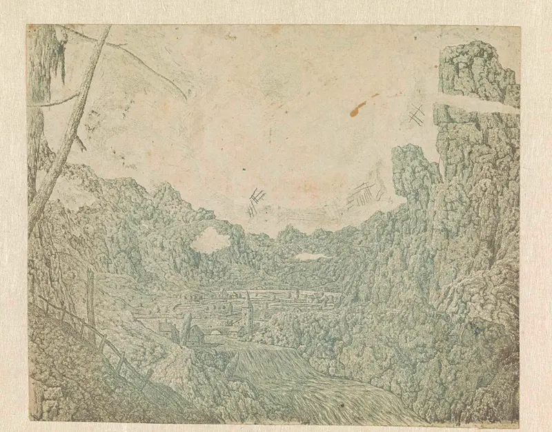 Landscape with a waterfall, etching by Hercules Segers