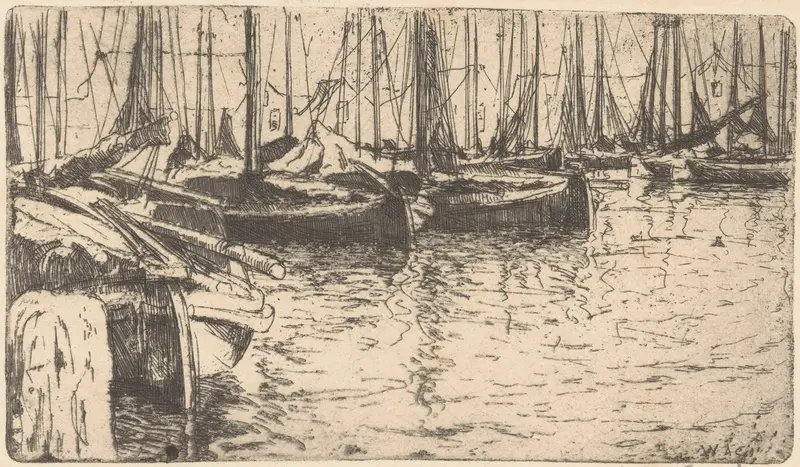 Oil on canvas by Willem Adrianus Grondhout depicting boats in a harbor with reflections