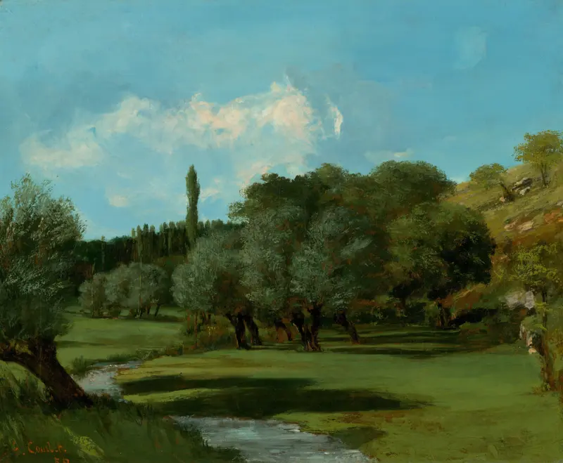 Landscape oil painting by Gustave Courbet featuring rolling hills and soft colors.